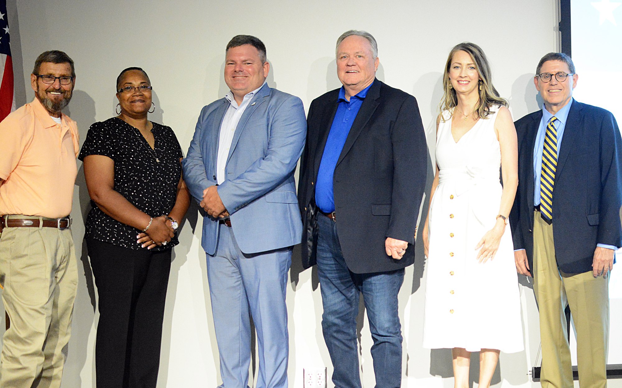 Columbia's Board of Aldermen and city officials — left to right: Alderman Wendell Hammond, Alderwoman Anna Evans, Mayor Justin McKenzie, Alderman Mike Smith, Alderwoman at Large Andrea Porter, and City Attorney Lawrence Hahn. Not pictured: Alderman Jason Stringer.