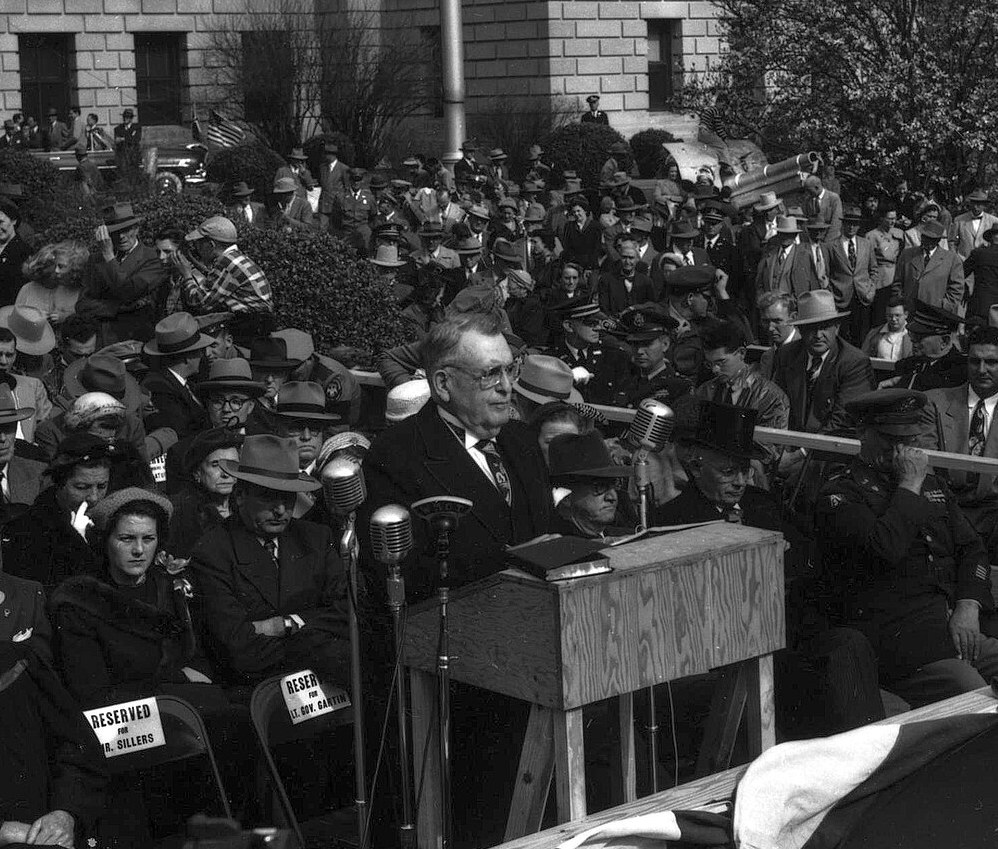 Gov. Hugh L. White speaking at his 1952 inauguration at the New Capitol in Jackson