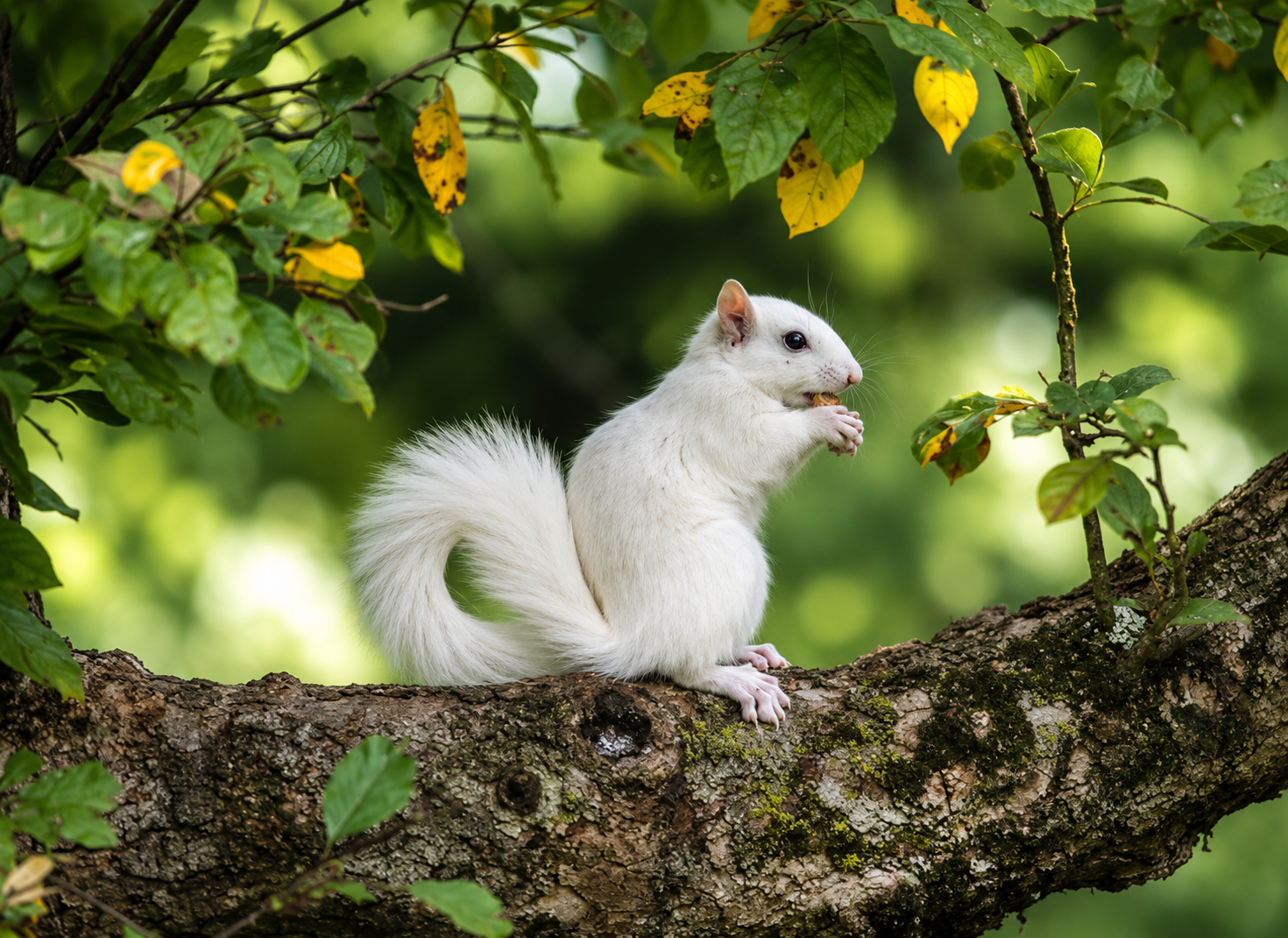 A white squirrel on a branch — Columbia's white squirrels descend from ones Gov. Hugh White introduced