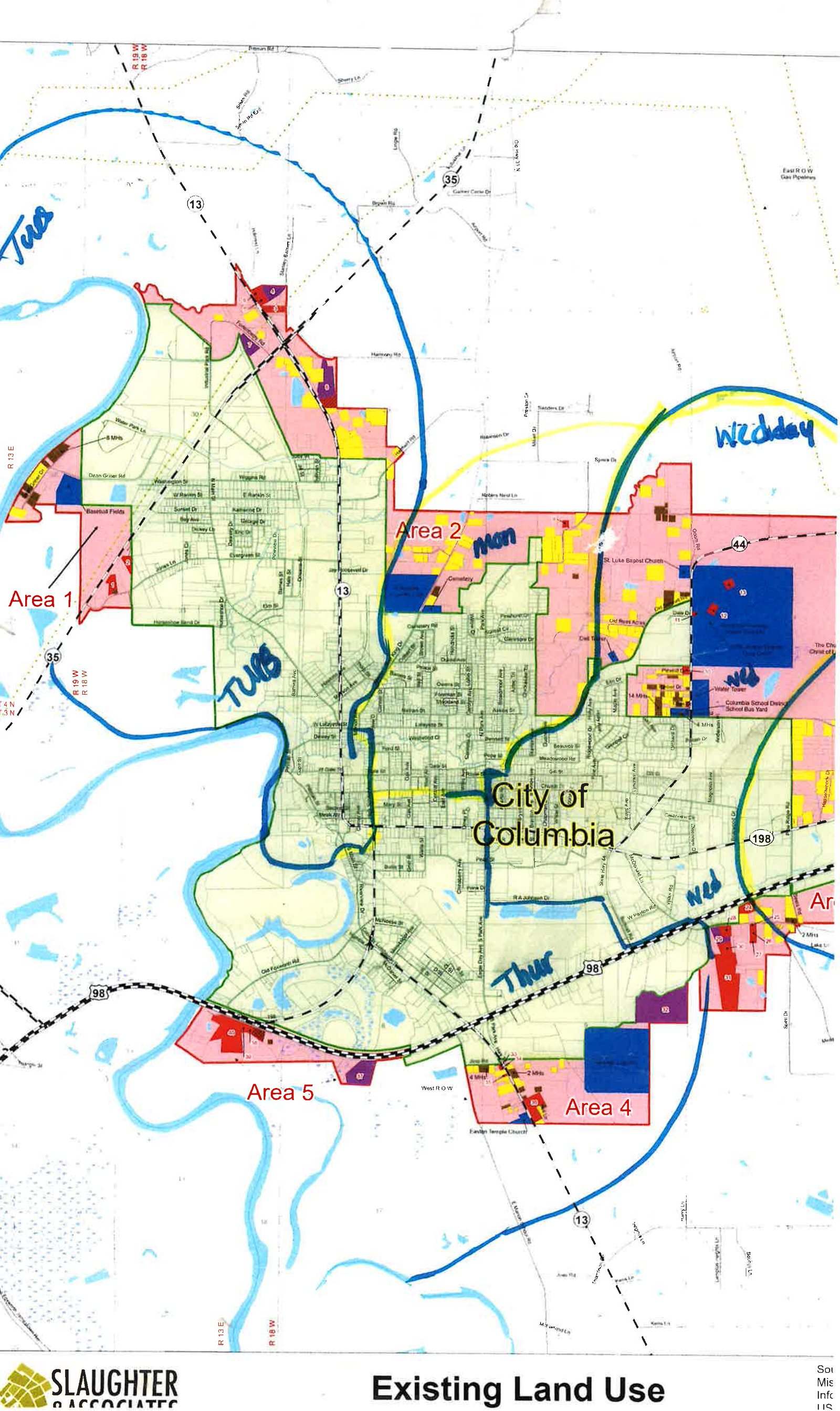 The City of Columbia's garbage route map: a land-use plan of the city with the five collection days — Monday, Tuesday, Wednesday, Thursday and Friday — written across it by hand in blue marker.