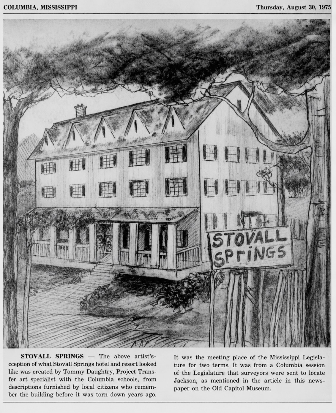 Artist's reconstruction of the Stovall Springs hotel by Tommy Daughtry, published in the Columbian-Progress on 30 August 1975 — a three-storey frame building with dormers and a columned gallery, and a hand-lettered STOVALL SPRINGS sign at the roadside.